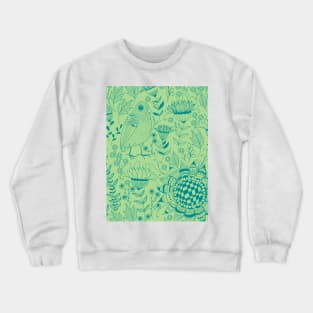 Bird and flowers doodle pattern green Crewneck Sweatshirt